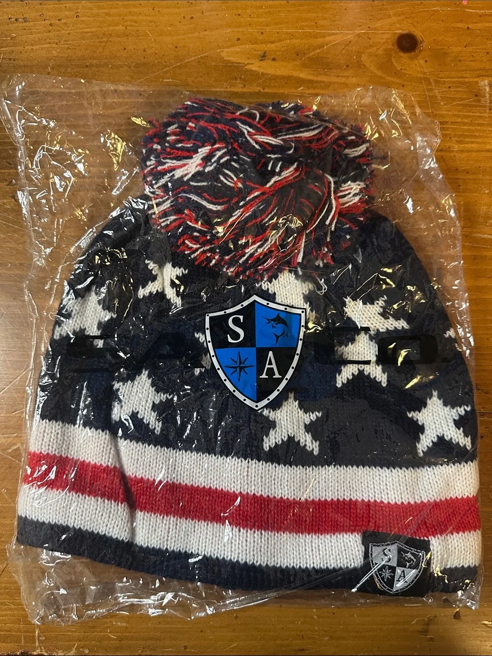 Patriotic Star Pom Pom Beanie - Red White Navy For Women’s or Men. OS